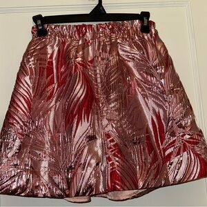 Pink Metallic Leaf-Print Mini Skirt